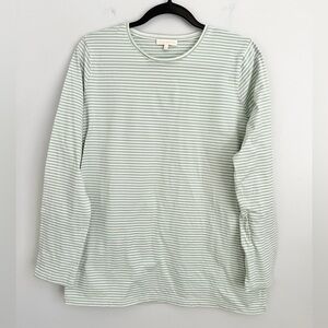 Ann Mashburn Sz M • Striped Green White Cotton Pullover Top Shirt Long Sleeve.